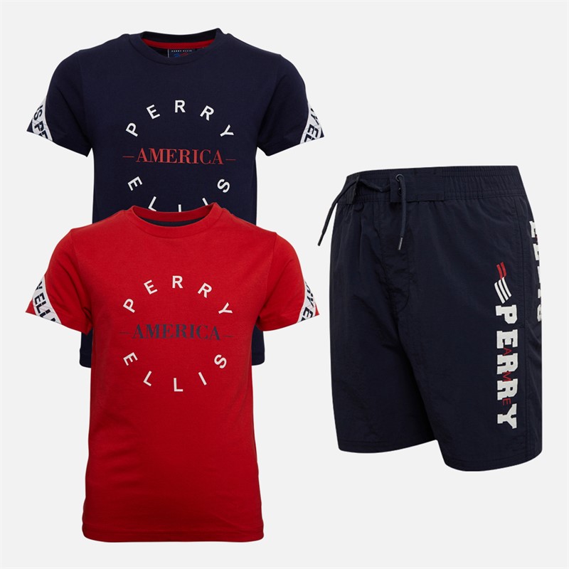 Buy Perry Ellis Boys Two Pack T-Shirt And Shorts Set Goji Berry/Naval ...