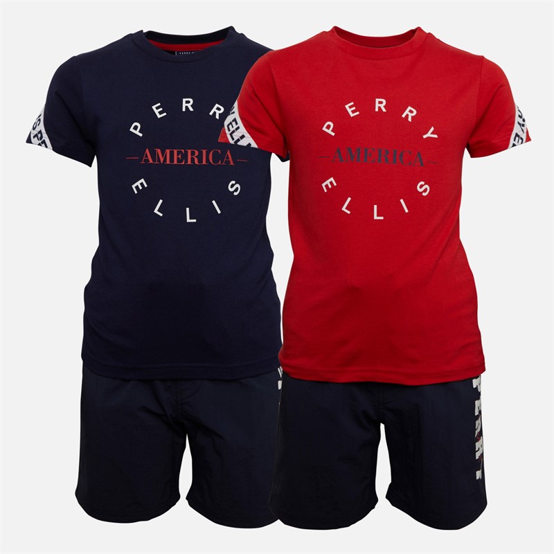 Perry Ellis Boys Two Pack T-Shirt And Shorts Set Goji Berry/Naval Academy/Navy