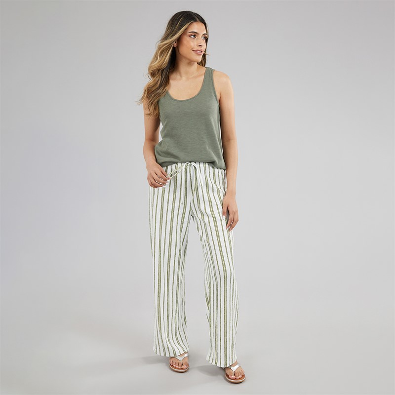 Wednesday's Girl Womens Striped Jersey Wide Leg Trousers Off White/Green