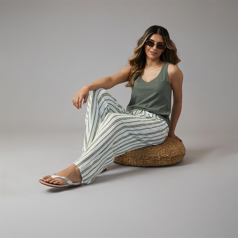 Wednesday's Girl Womens Striped Jersey Wide Leg Trousers Off White/Green