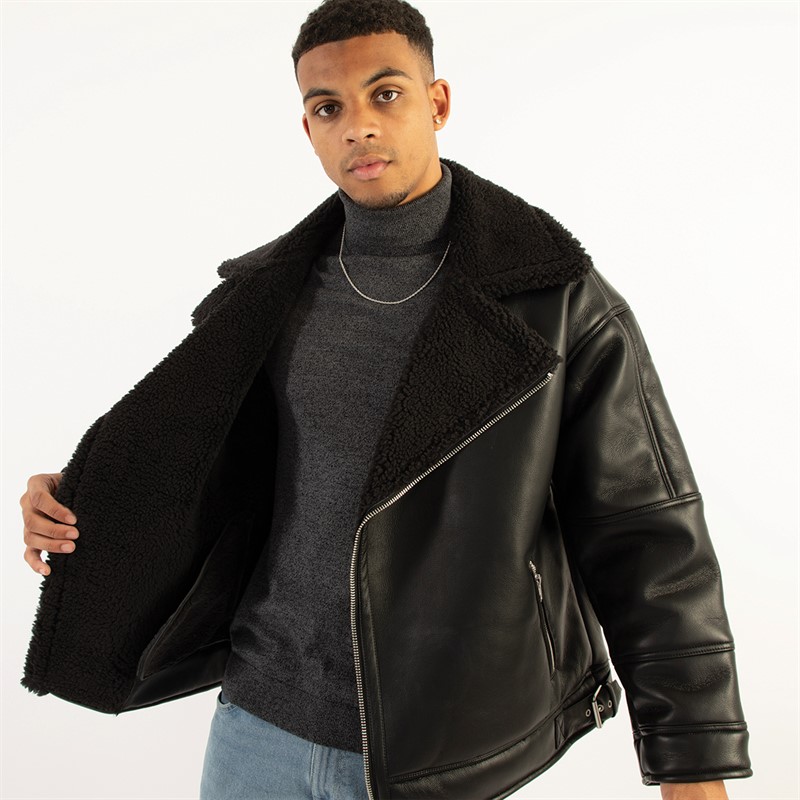 Topman Mens Faux Shearling Biker Jacket Black