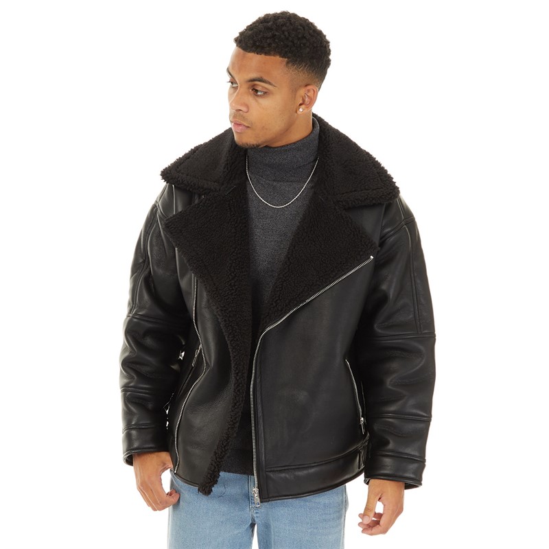 Topman Mens Faux Shearling Biker Jacket Black