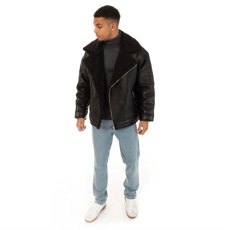 Topman Mens Faux Shearling Biker Jacket Black