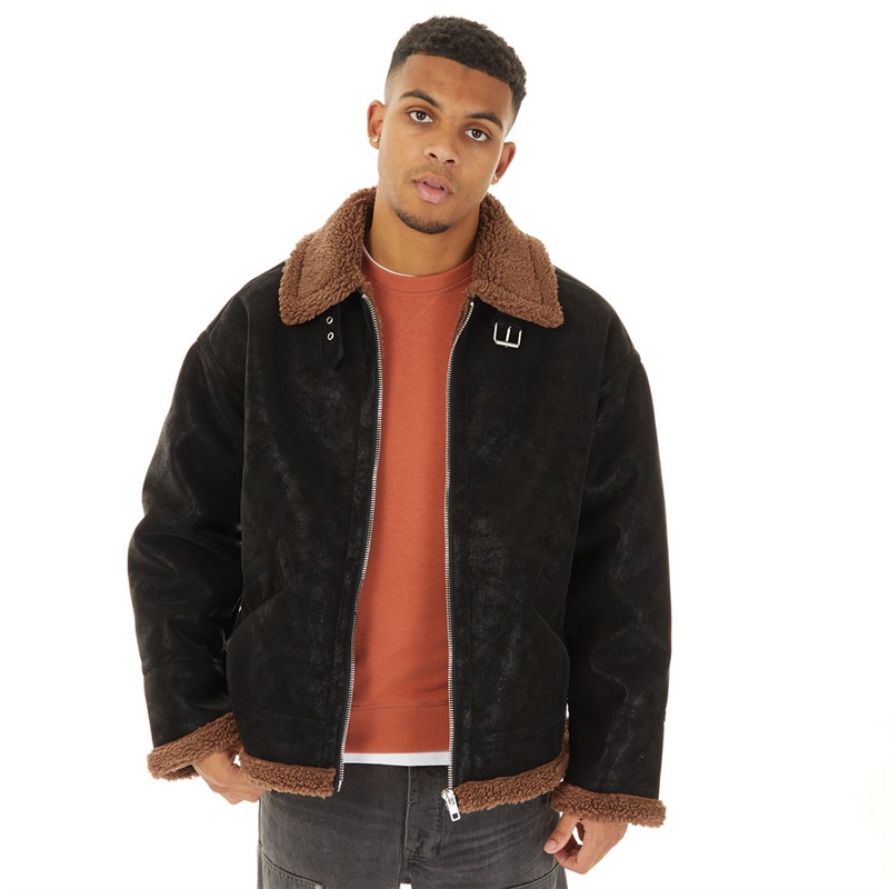 Topman Mens Faux Shearling Aviator Jacket Black