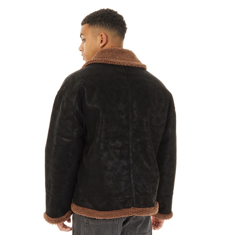 Topman Mens Faux Shearling Aviator Jacket Black