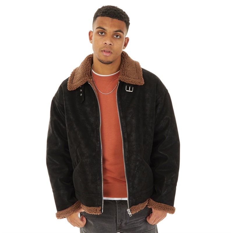 Topman Mens Faux Shearling Aviator Jacket Black