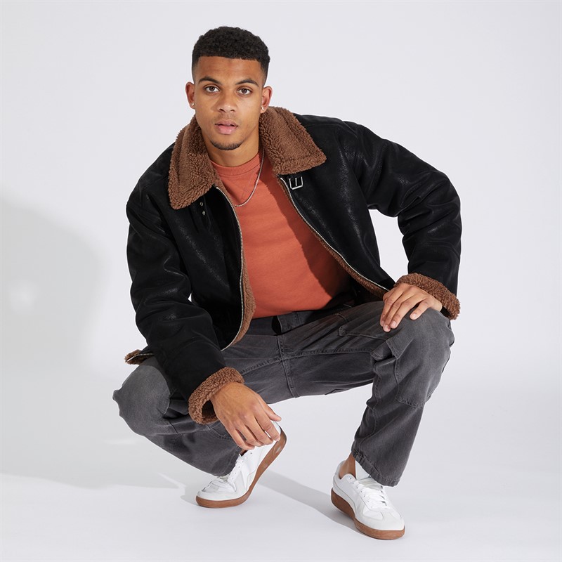 Topman Mens Faux Shearling Aviator Jacket Black