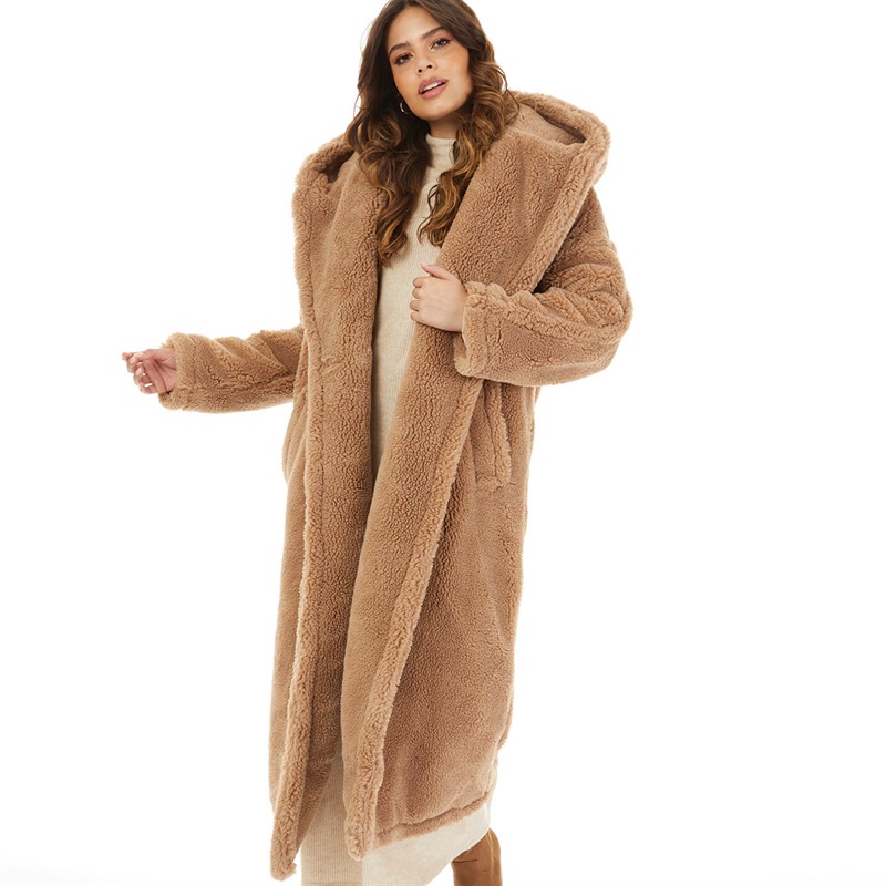 Topshop Womens Hooded Borg Coat Camel