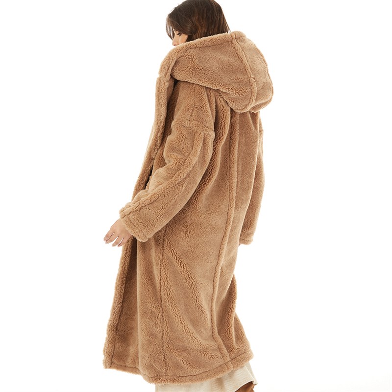 Topshop Womens Hooded Borg Coat Camel