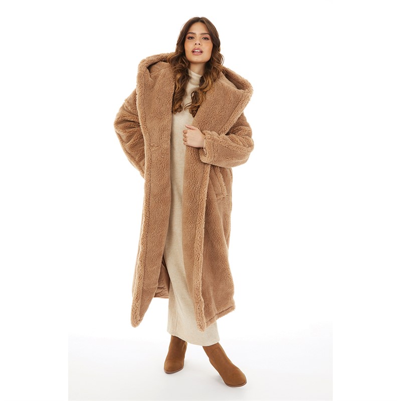 Topshop Womens Hooded Borg Coat Camel