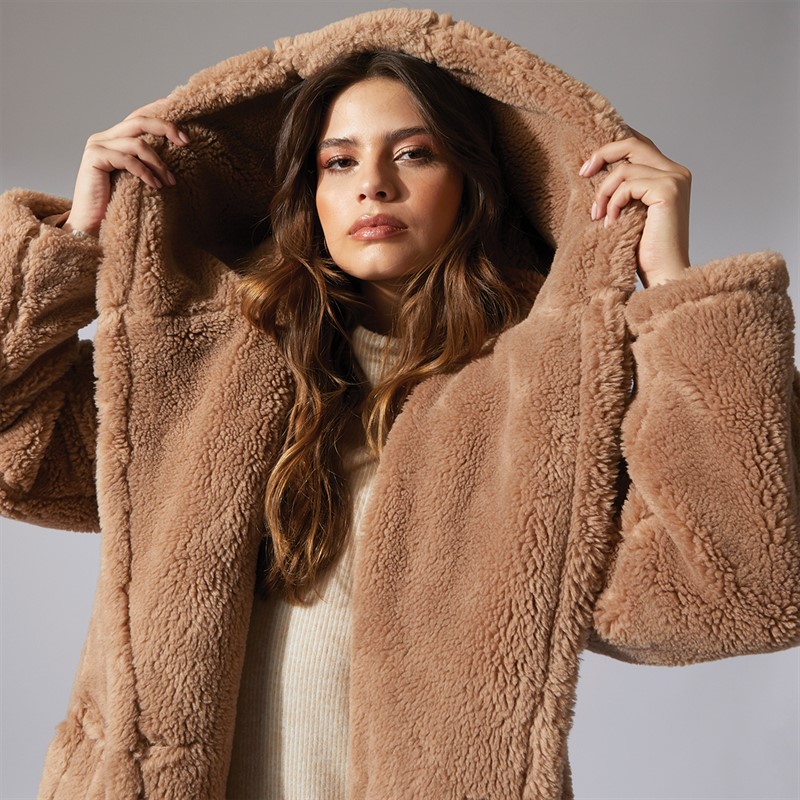 Topshop Womens Hooded Borg Coat Camel