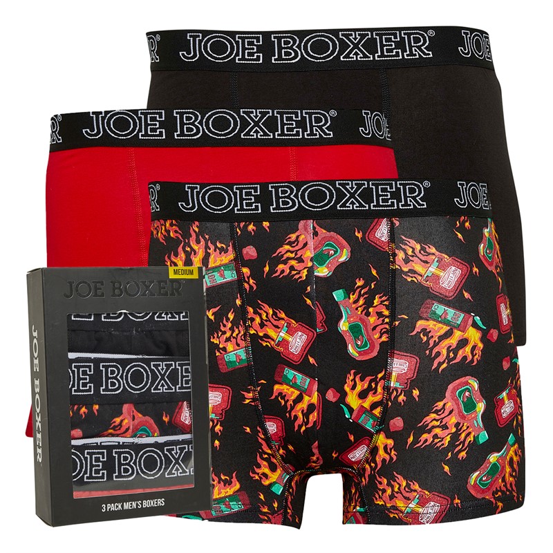 Joe Boxer Mens Three Pack Boxers Jet Black/AOP/Red