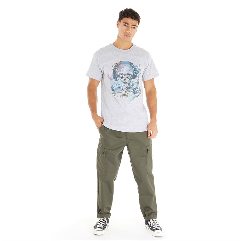 Lost Romance Mens Skull Butterfly T-Shirt Grey Marl