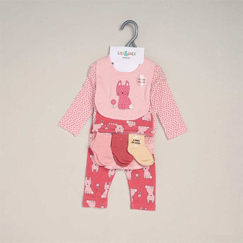 Lily and Jack Girls Bunny Bodysuit Trousers Bib Hat and Six Pairs of Socks Set Pink