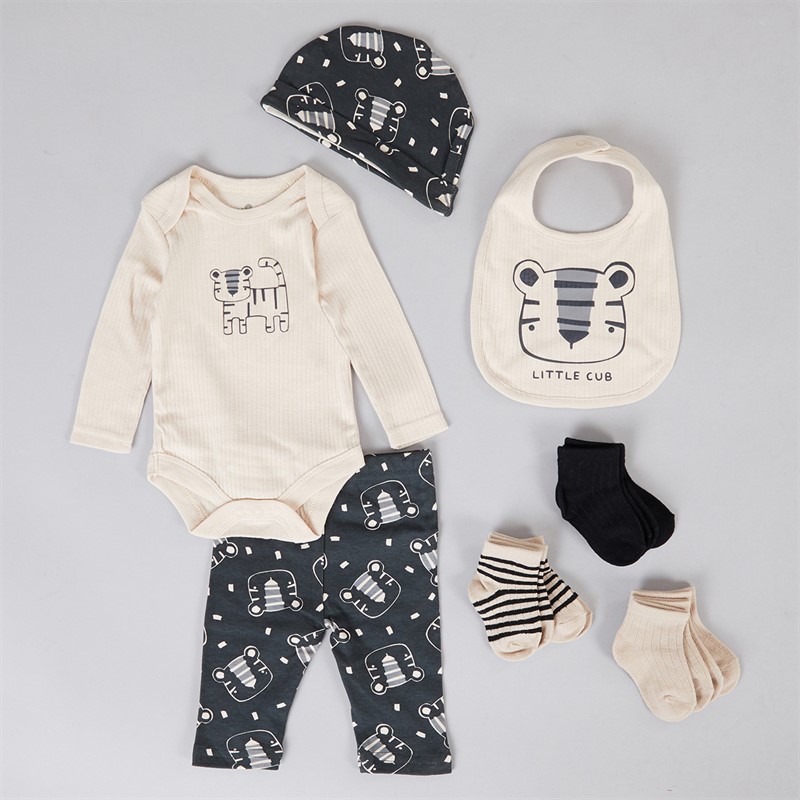 Lily and Jack Boys Tiger Bodysuit Trousers Bib Hat and Six Pairs of Socks Set Beige