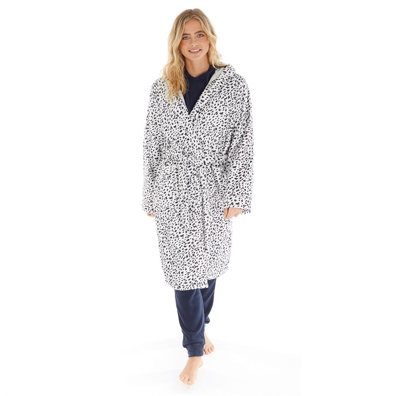 The Night Store Womens Dotty Fleece Robe Black/White