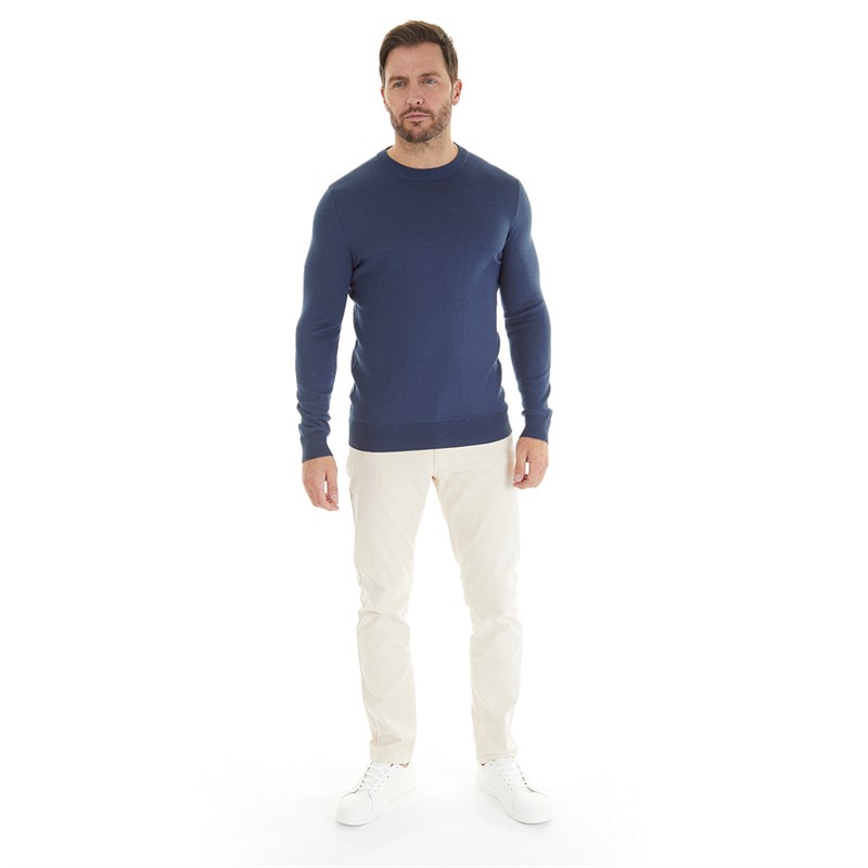 Remus Uomo Mens Slim Fit Merino Wool Blend Crew Neck Sweater Slate Blue