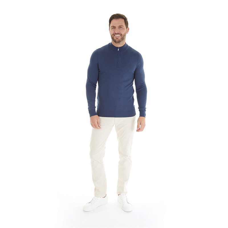 Remus Uomo Mens Tapered Fit Merino Wool Blend Half Zip Sweater Slate Blue