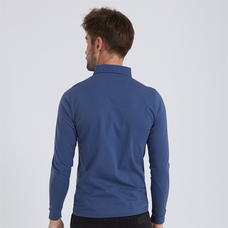 Remus Uomo Mens Tapered Fit Cotton Stretch Long Sleeve Polo Shirt Air Force Blue