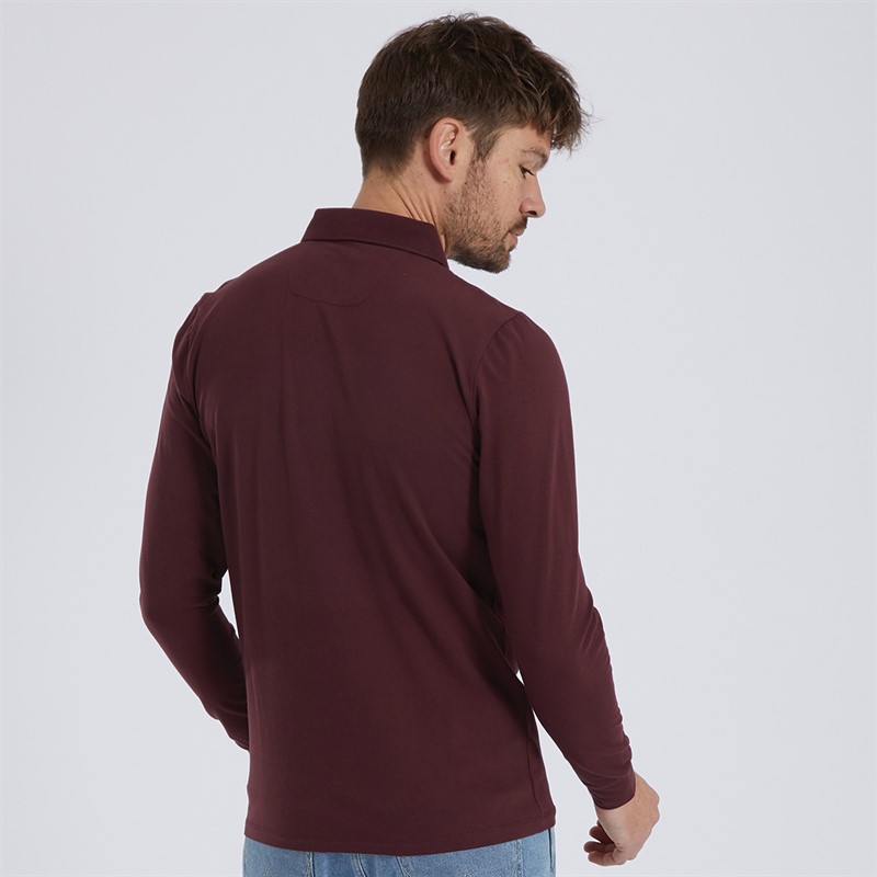 Remus Uomo Mens Tapered Fit Cotton Stretch Long Sleeve Polo Shirt Plum