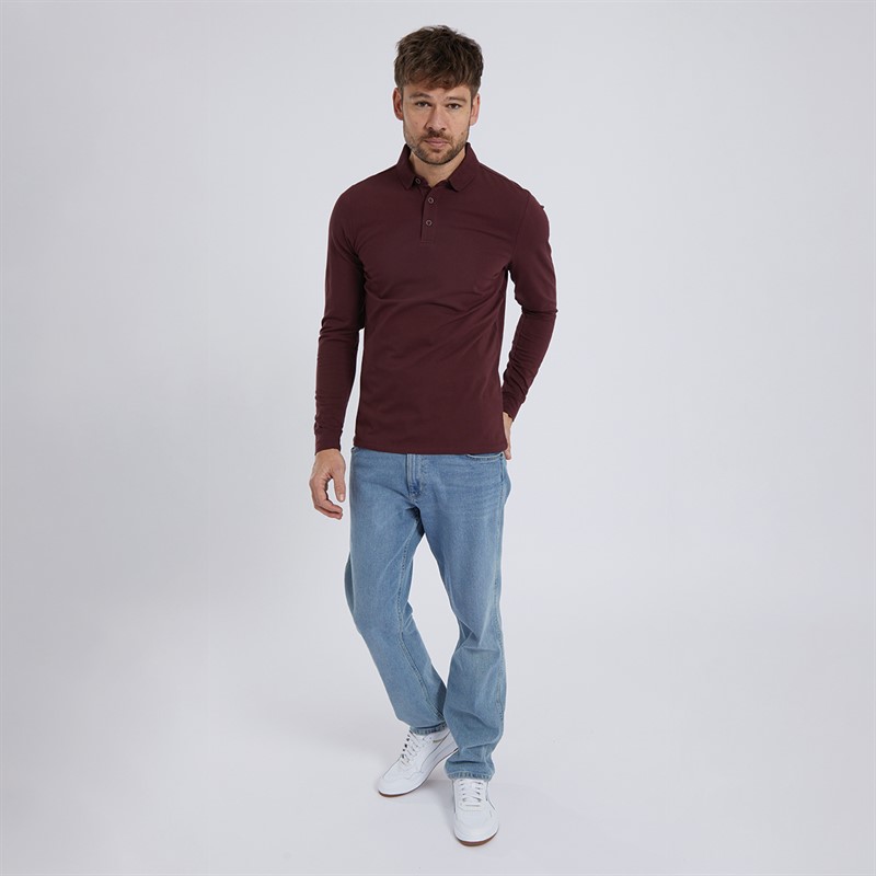 Remus Uomo Mens Tapered Fit Cotton Stretch Long Sleeve Polo Shirt Plum
