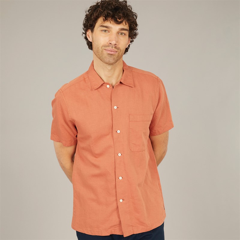 Remus Uomo Mens Tapered Fit Linen Blend Short Sleeve Shirt Terracota