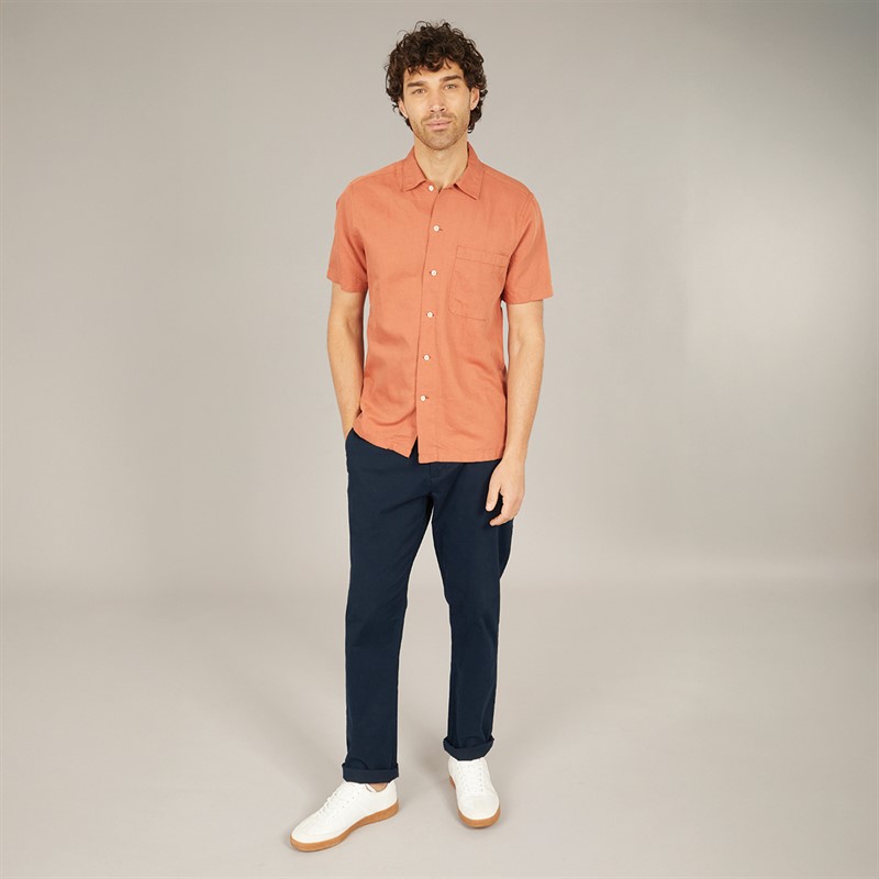 Remus Uomo Mens Tapered Fit Linen Blend Short Sleeve Shirt Terracota
