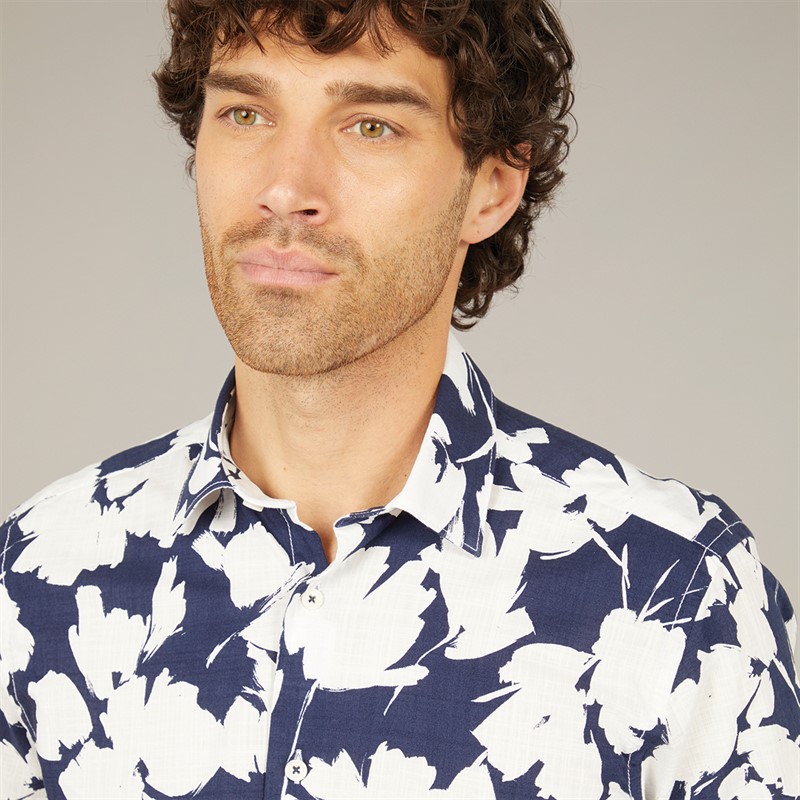 Remus Uomo Mens Floral Print Short Sleeve Shirt Navy