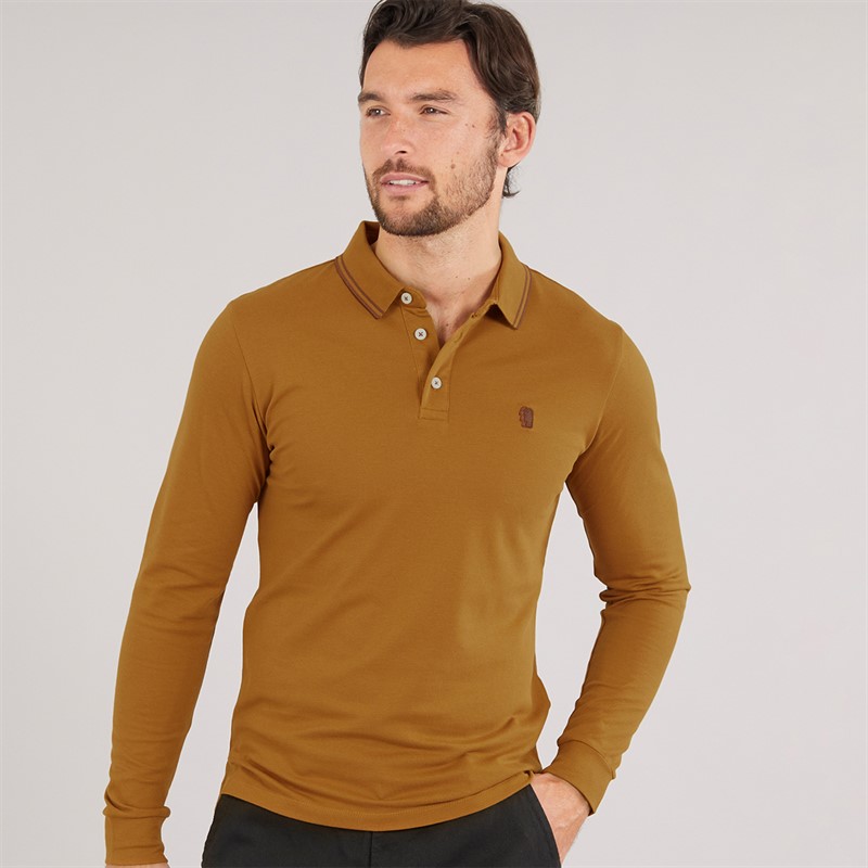 Remus Uomo Mens Tipped Collar Long Sleeve Polo Shirt Camel