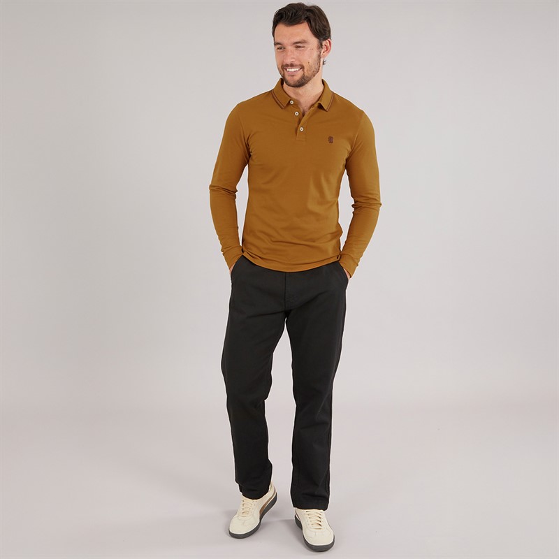 Remus Uomo Mens Tipped Collar Long Sleeve Polo Shirt Camel