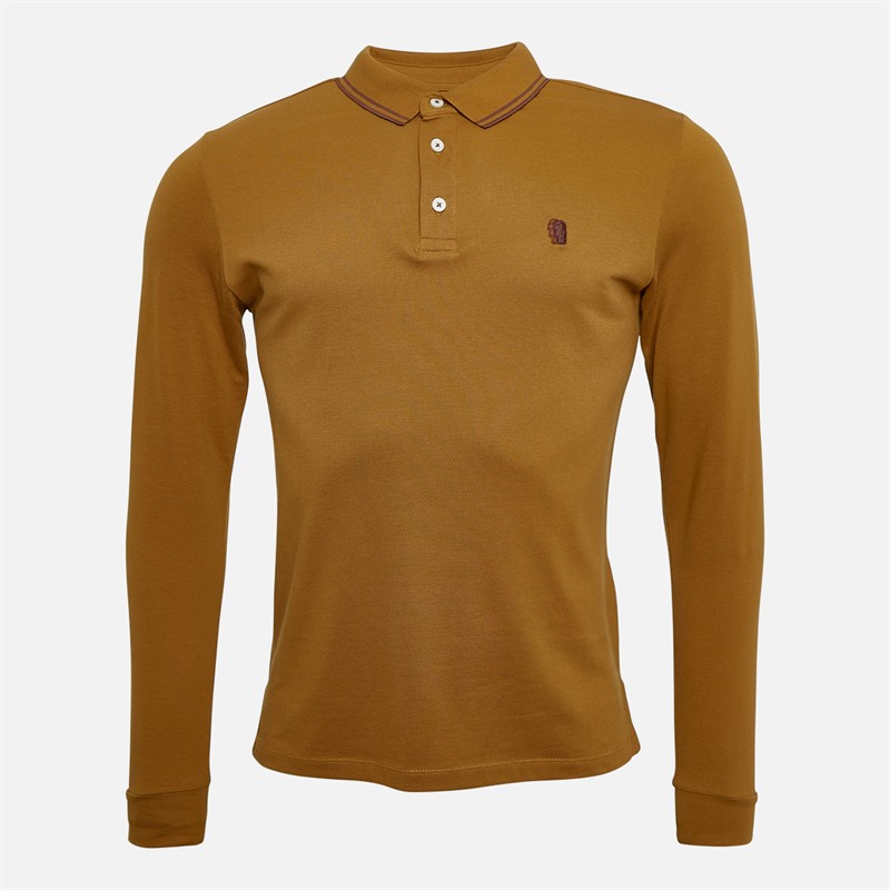 Remus Uomo Mens Tipped Collar Long Sleeve Polo Shirt Camel