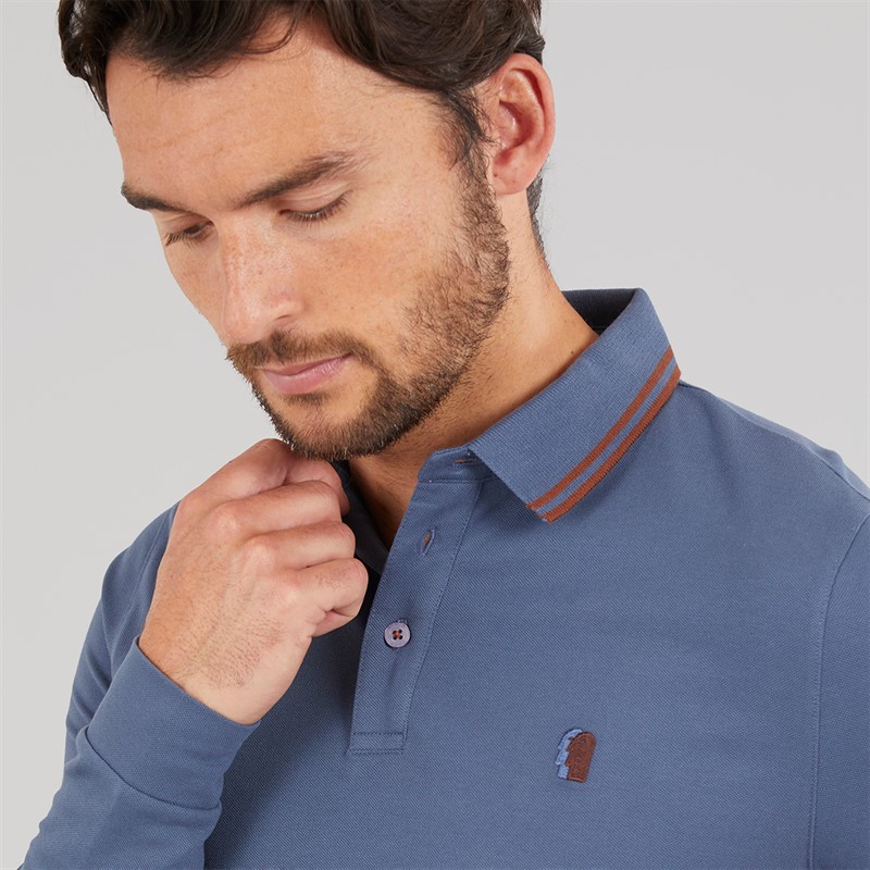 Remus Uomo Mens Tipped Collar Long Sleeve Polo Shirt Air Force Blue