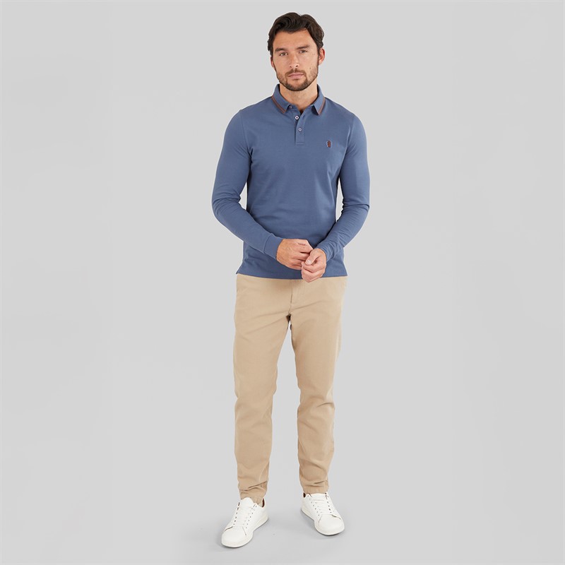 Remus Uomo Mens Tipped Collar Long Sleeve Polo Shirt Air Force Blue