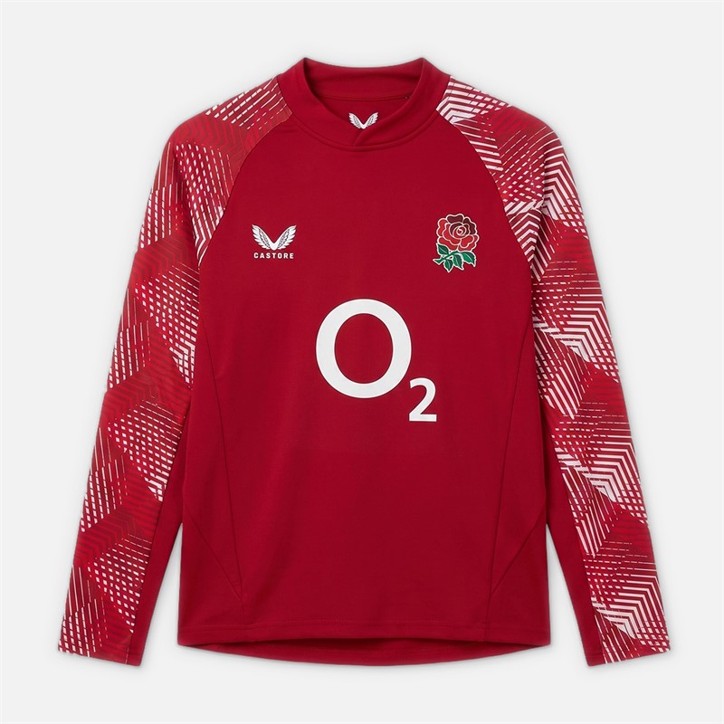 Castore Junior RFU England Rugby Pre Match Long Sleeve Drill Top Jester Red/Brilliant White