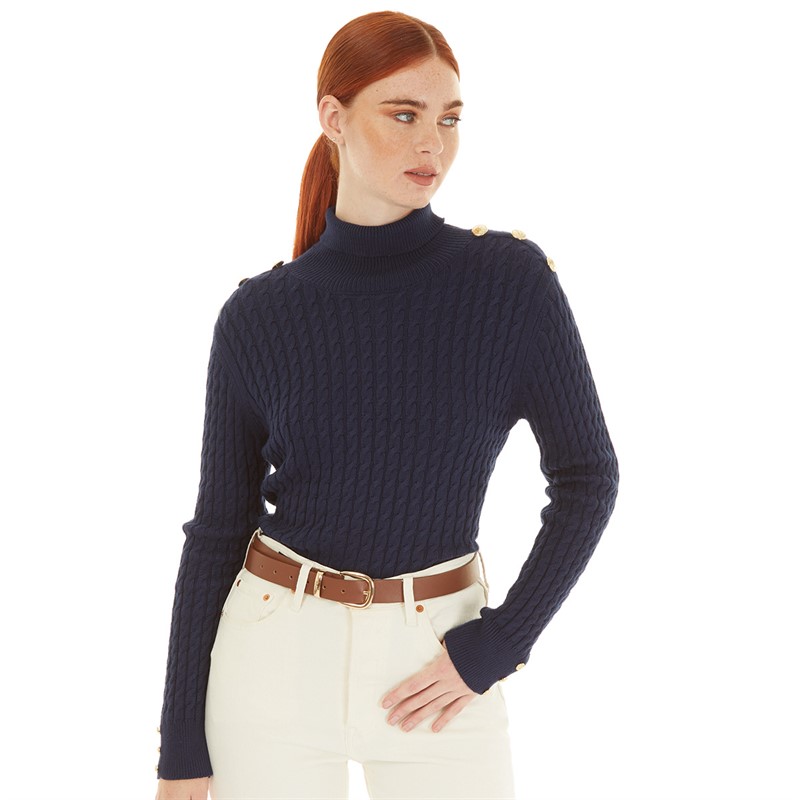 Foxdale Womens Berkshire Cable Knit Roll Neck Jumper Navy