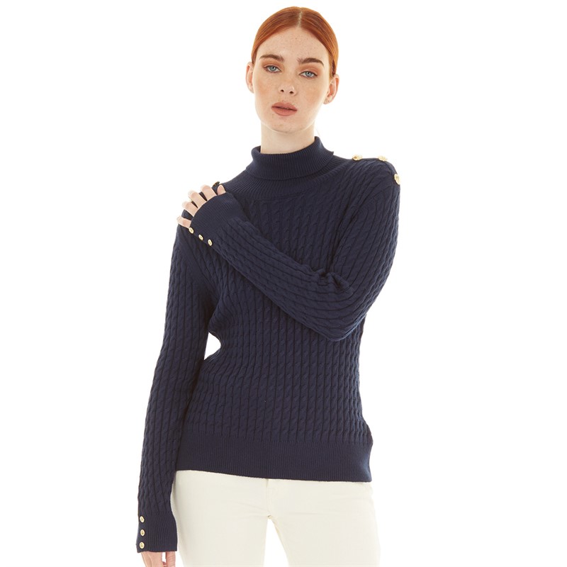 Foxdale Womens Berkshire Cable Knit Roll Neck Jumper Navy