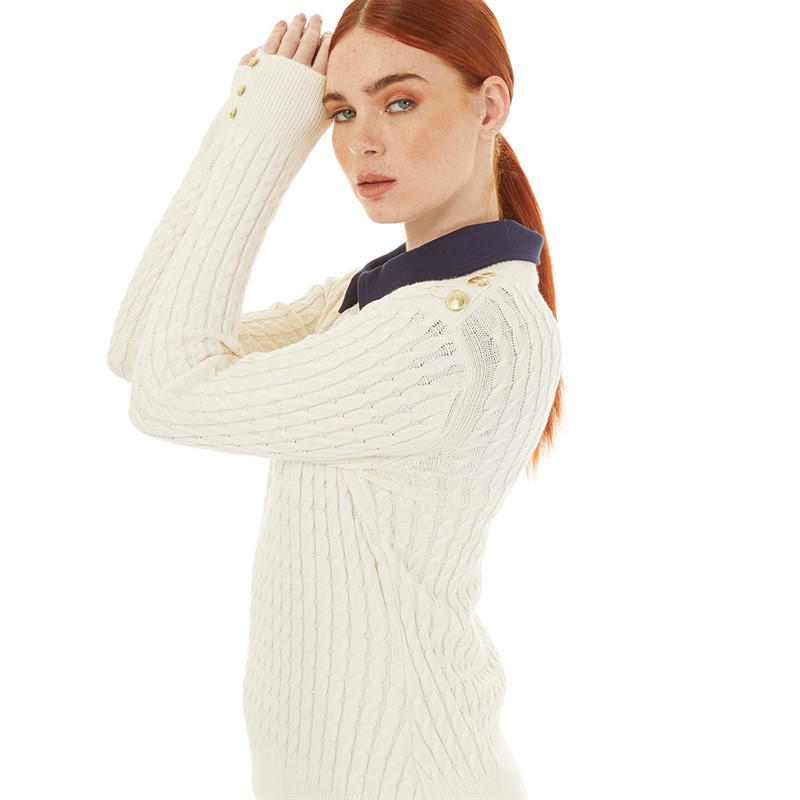 Foxdale Womens Elm Cable Knit Crew Neck Jumper Ecru