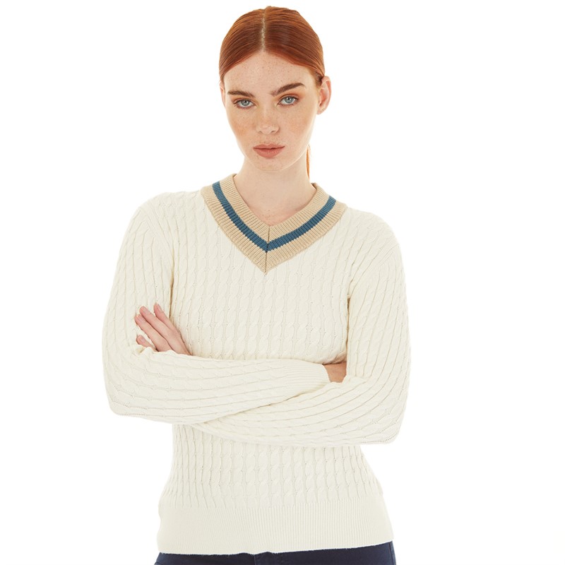 Foxdale Womens Brooks Cable Knit V-Neck Jumper Ecru