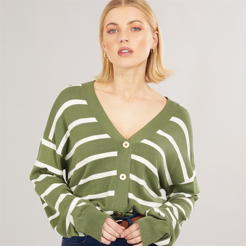 Foxdale Womens Pendle Stripe Knitted Cardigan Olive/Ecru - Size 12