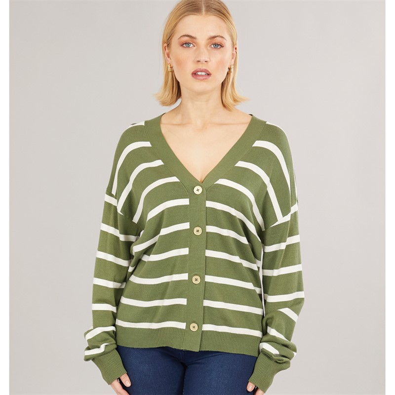 Foxdale Womens Pendle Stripe Knitted Cardigan Olive/Ecru