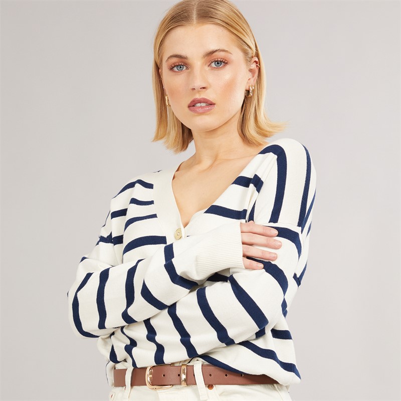Foxdale Womens Pendle Stripe Knitted Cardigan Ecru/Navy - Size 12