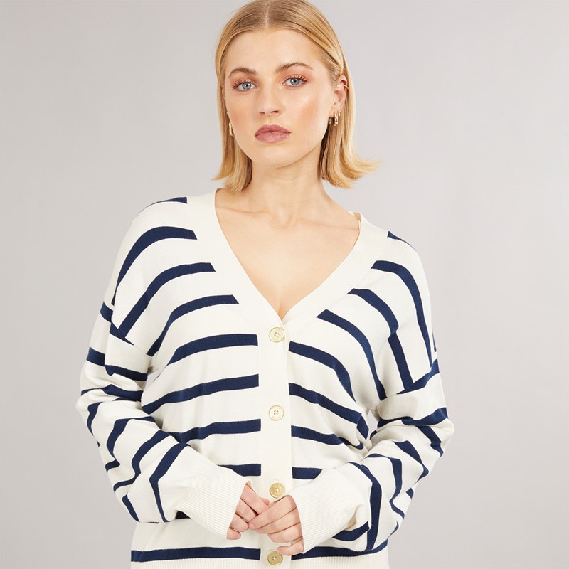 Foxdale Womens Pendle Stripe Knitted Cardigan Ecru/Navy