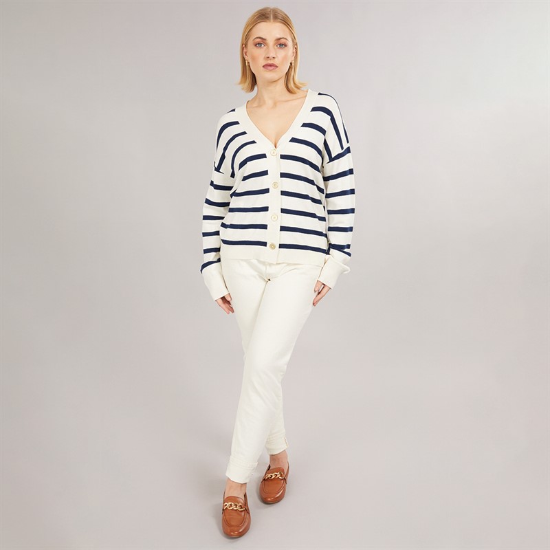 Foxdale Womens Pendle Stripe Knitted Cardigan Ecru/Navy