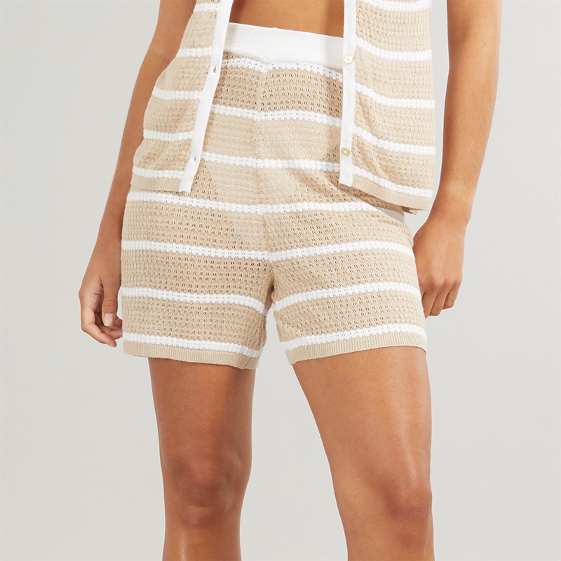 Foxdale Womens Soho Knitted Crochet Shorts Camel/White - Size 14