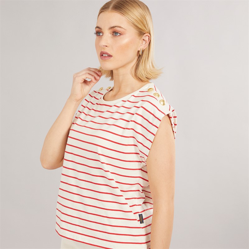 Foxdale Womens Kensington Stripe Rib T-Shirt Ecru/Red - Size 8