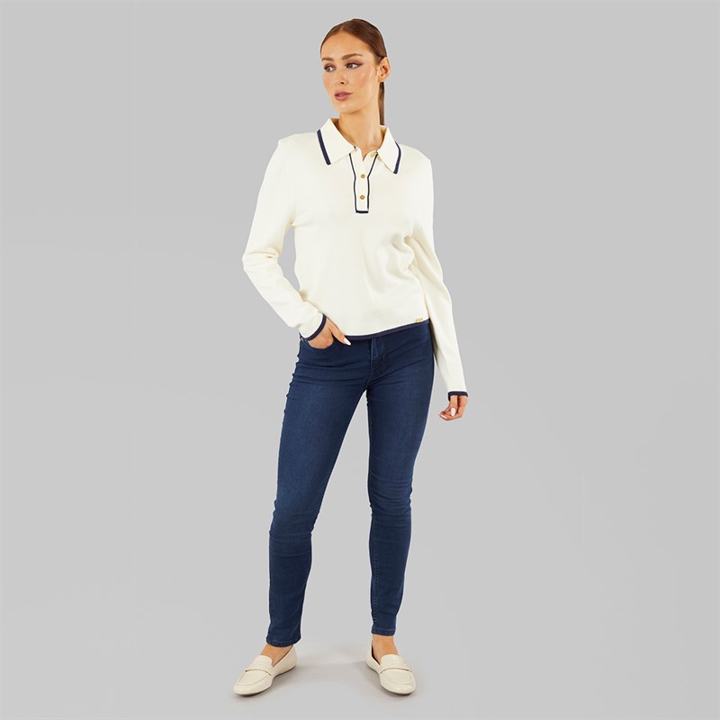Foxdale Womens Knitted Long Sleeve Polo Shirt Cream/Navy
