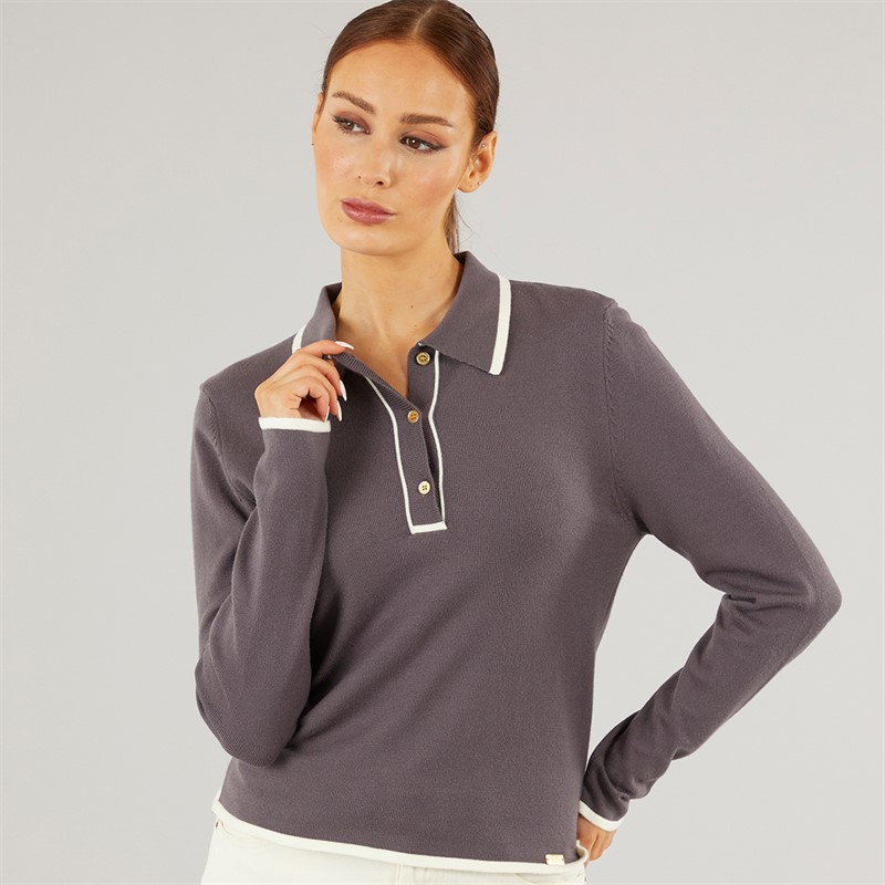 Foxdale Womens Knitted Long Sleeve Polo Shirt Charcoal/Navy