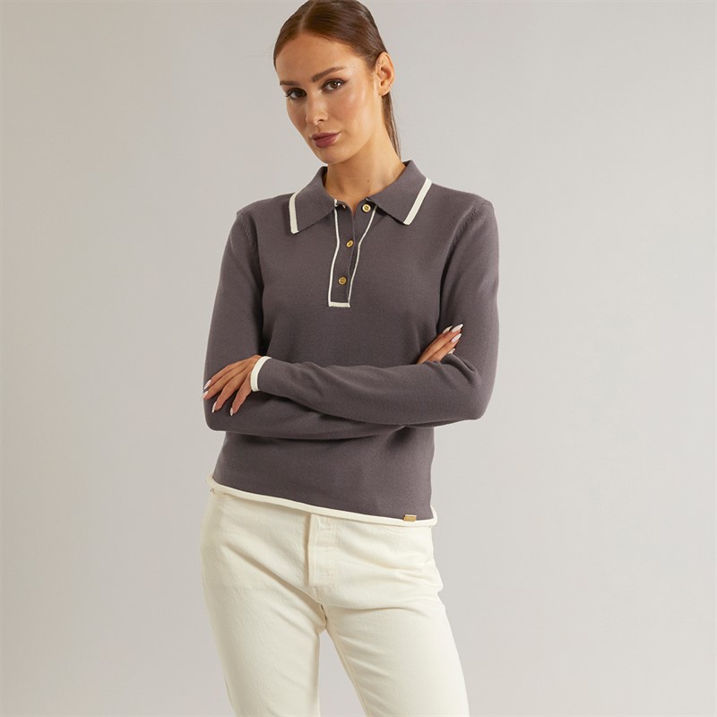 Foxdale Womens Knitted Long Sleeve Polo Shirt Charcoal/Navy
