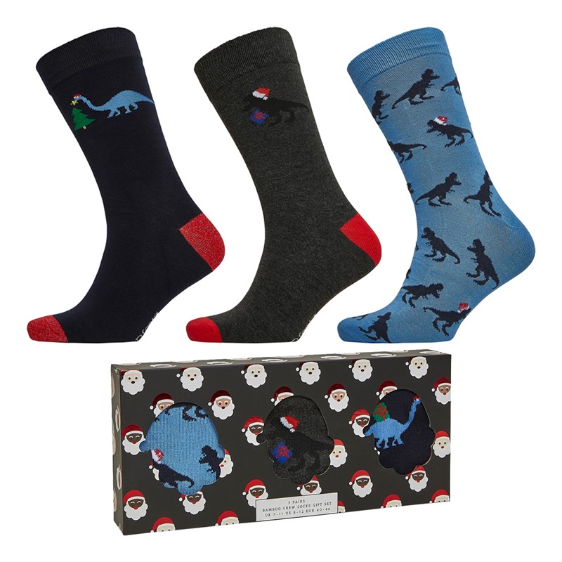 Wildfeet Mens Dino In a Xmas Hat Three Pack Bamboo Socks Boxed Gift Set Assorted