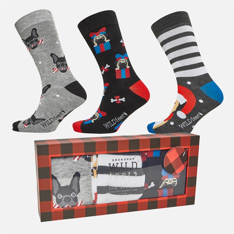 Wildfeet Mens Dog Holding Xmas Cracker Three Pack Bamboo Socks With Gift Box Assorted